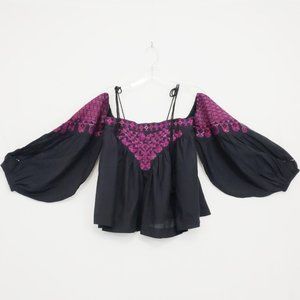 Free People Boho Embroidered Black and Maroon Top Size XS